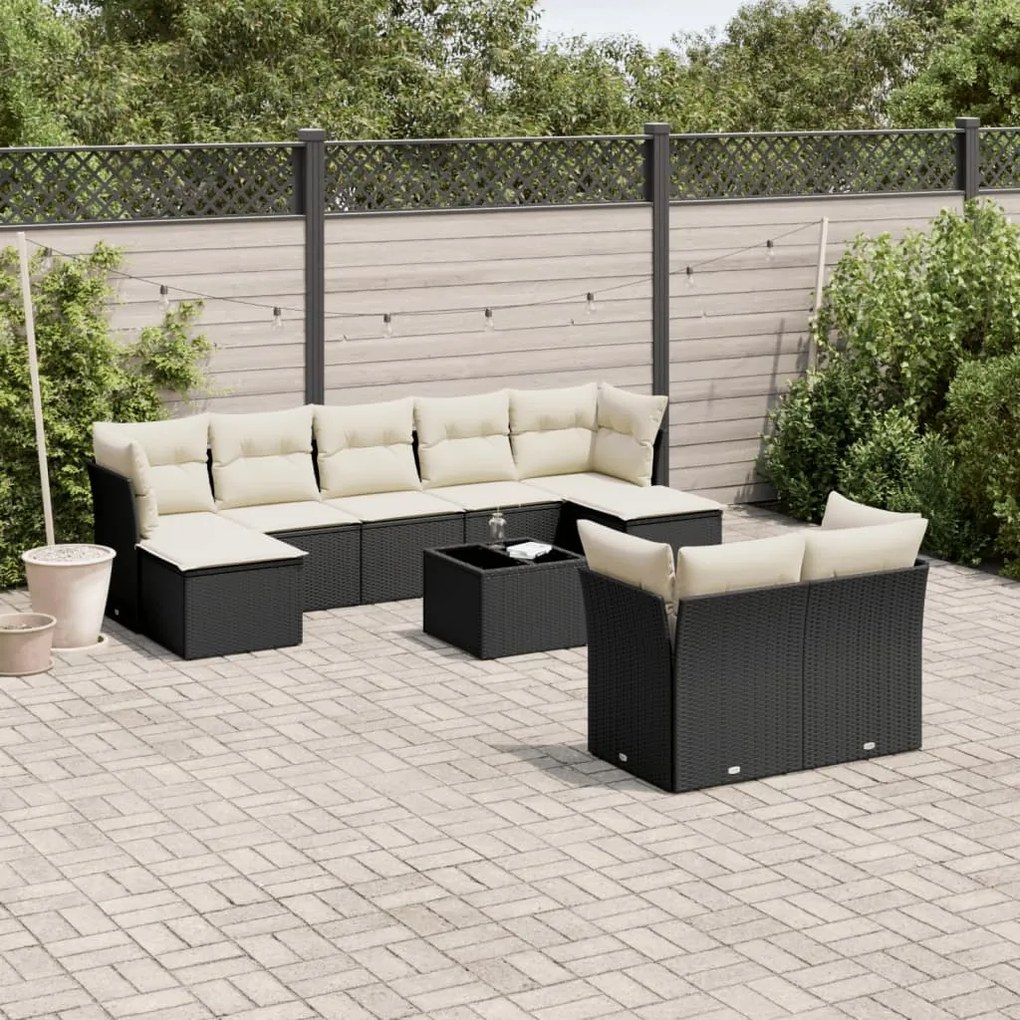 10 pcs conjunto sofás de jardim c/ almofadões vime PE preto