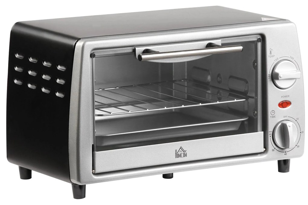 HOMCOM Mini Forno Elétrico de 10 Litros 750W com Temperatura até 230 °C Temporizador 60 Minutos Bandeja e Grade 36,5x26x22cm Preto e Prata