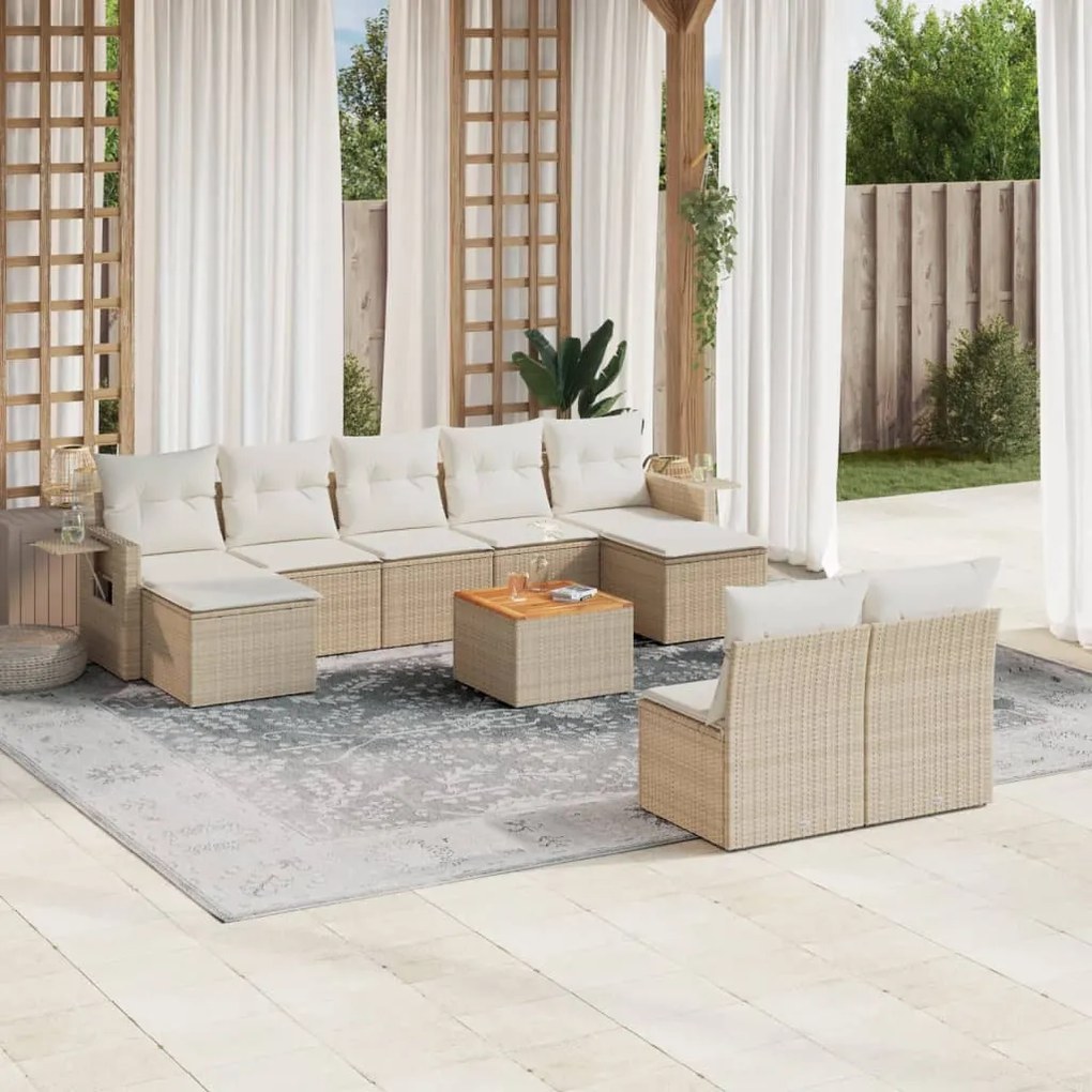 10 pcs conjunto de sofás p/ jardim com almofadões vime PE bege