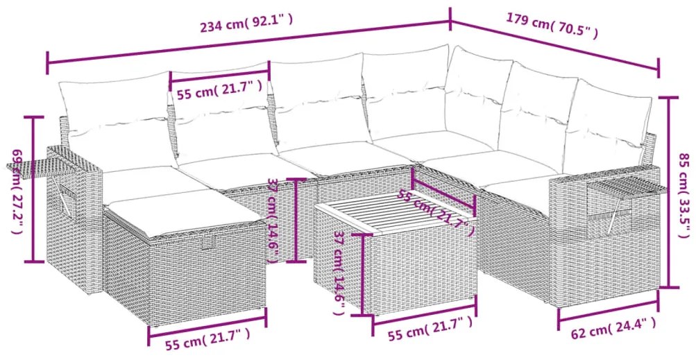 8 pcs conj. sofás jardim c/ almofadões vime PE bege misturado