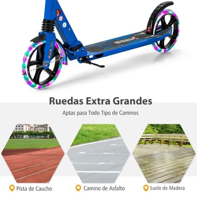 Trotinete dobrável com luzes LED para crianças Guiador com altura ajustável 93 x 43 x 91-106 cm Azul