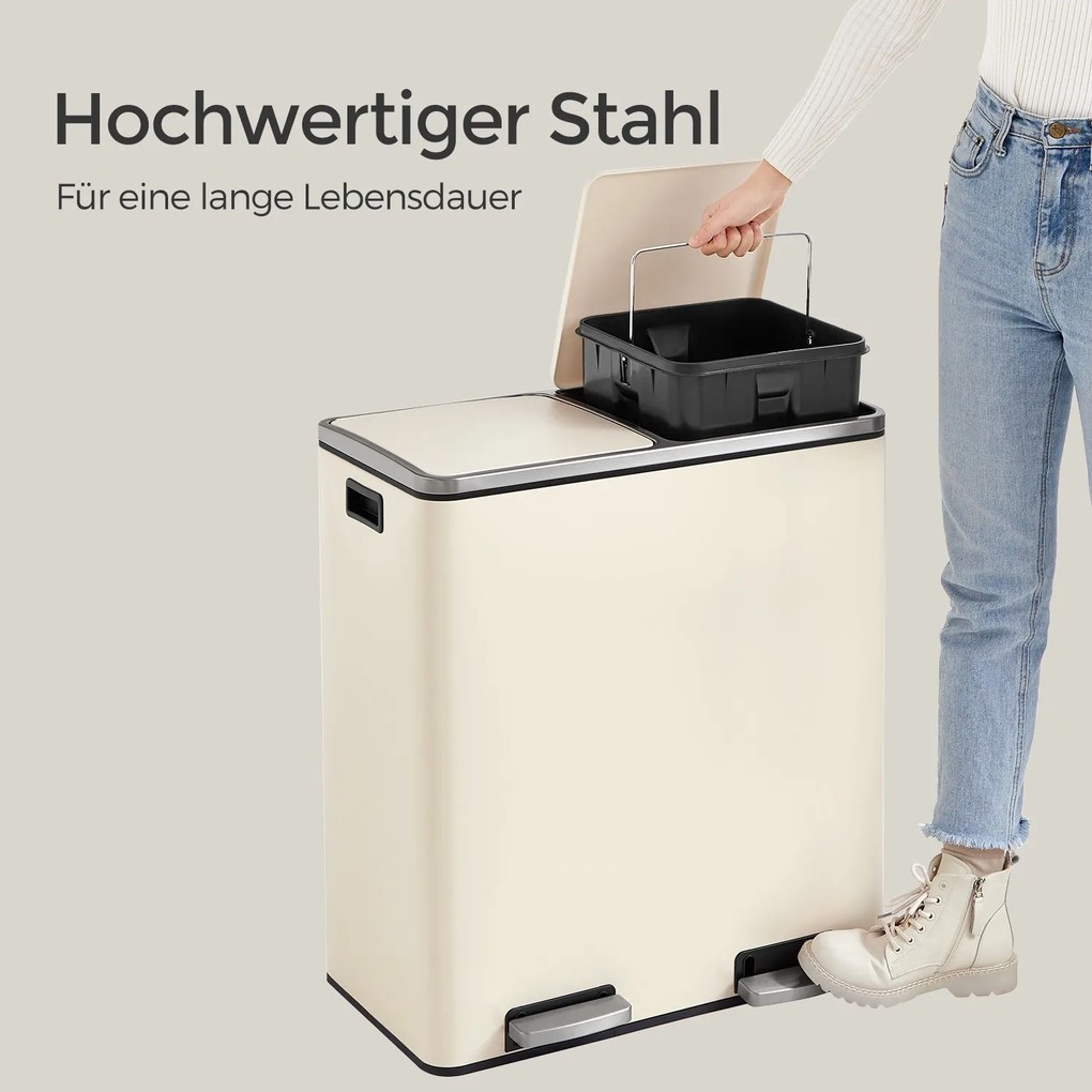 Caixote do lixo com 2 compartimentos de 60 L, 59 x 36,5 x 65,2 cm branco creme