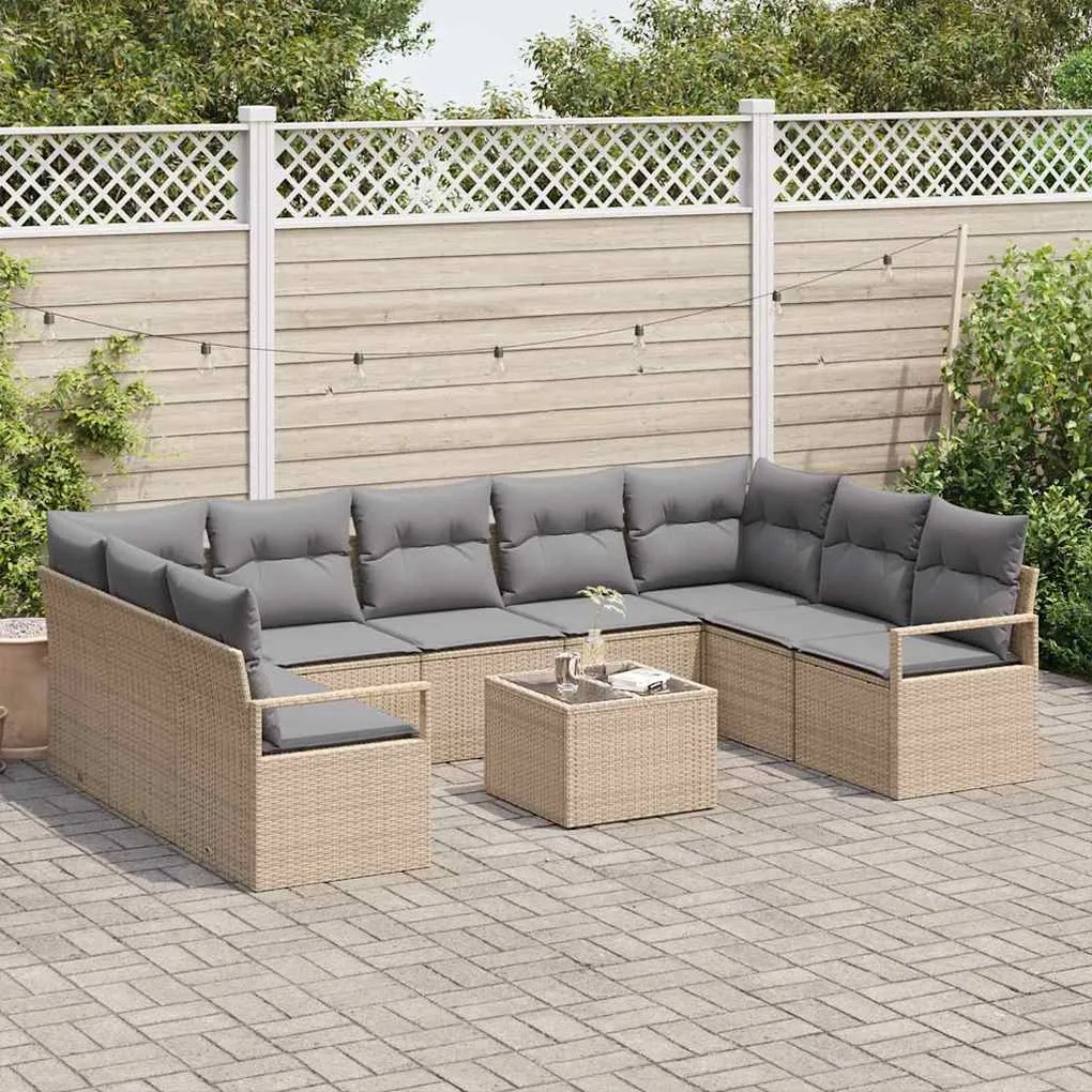 Sofá de Jardim de 10 Peças com Almofadas em Rattan e Poliéster Preto