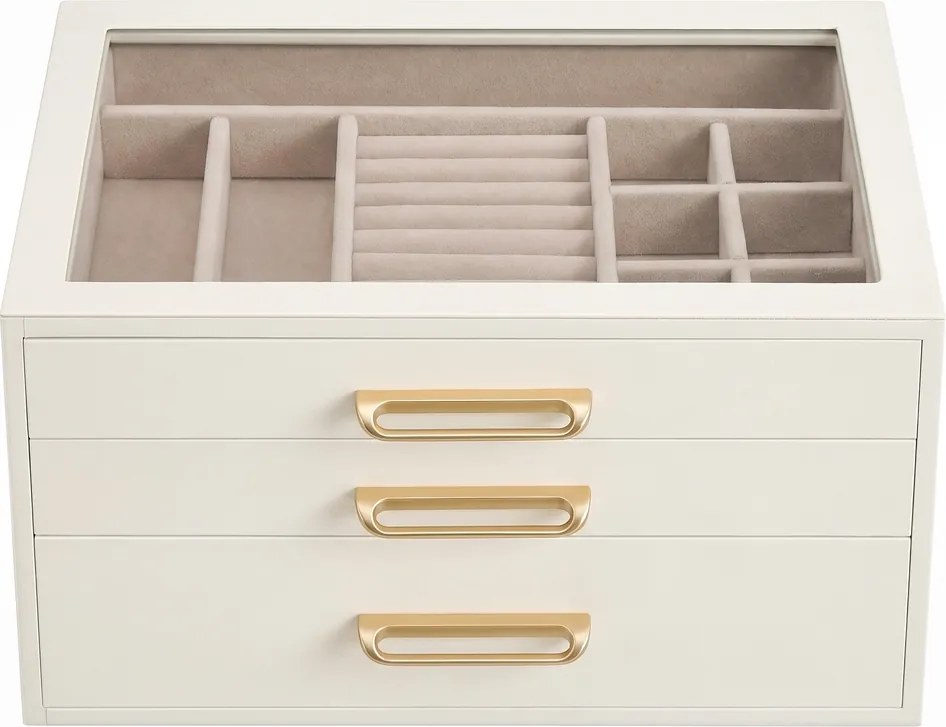 Caixa de joias em madeira com tampa de vidro, 3 níveis, 24 x 16 x 12,5 cm, branco-bege