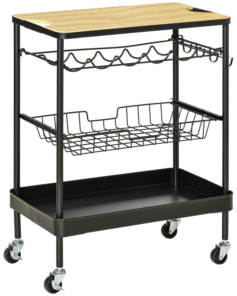 HOMCOM Carrinho Cozinha com Rodas 60,5x35,5x75cm Carrinho de Cozinha Multiuso com Suporte para Garrafas Cesta Preto e Carvalho | Aosom Portugal