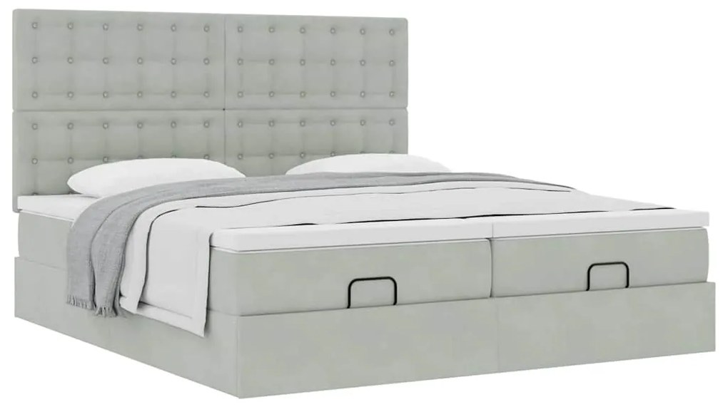 Estrutura cama otomana colchões 200x200cm veludo cinzento claro