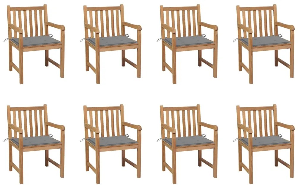 vidaXL Cadeiras de jardim c/ almofadões cinzento 8 pcs teca maciça