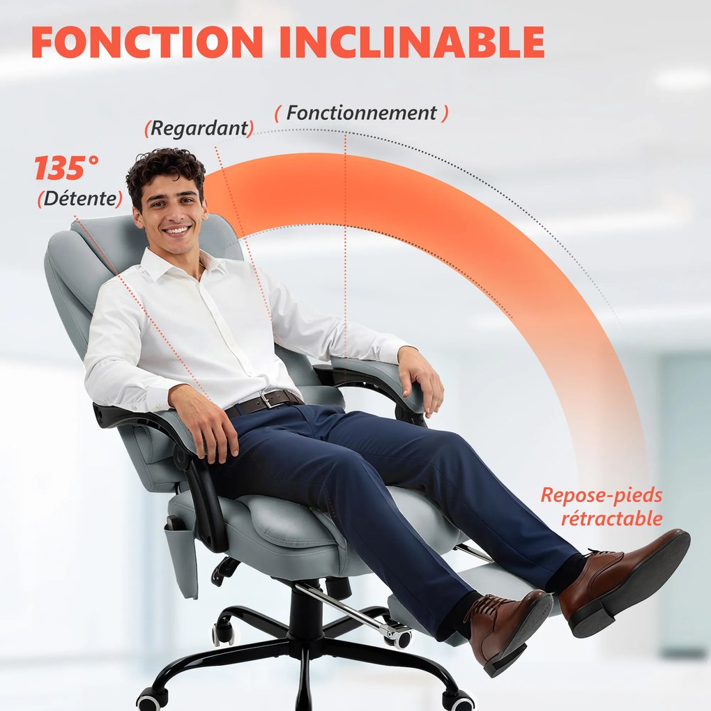 Cadeira de escritório com função de massagem, altura ajustável, encosto reclinável e comando com fio, cinzenta