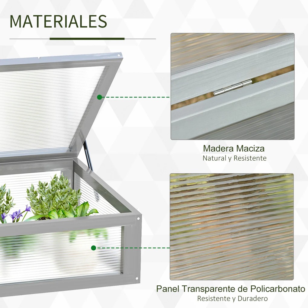 Outsunny Estufa de madeira natural e policarbonato 90x46x28 cm com tampa inclinada para plantas cinza