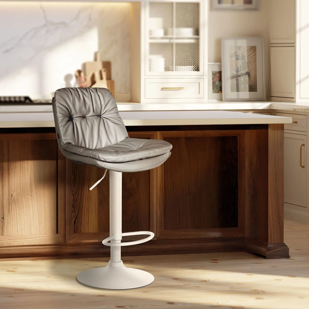 Banco de bar em couro sintético com estrutura branca 92-113 x 46 x 54 cm cinzento