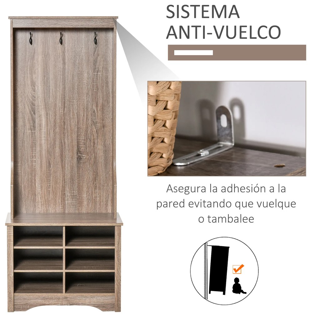 HOMCOM Móvel Cabide de Entrada com 3 Ganchos e 6 Compartimentos para Sapatos Armário de Entrada com Cabides 68,5x39,5x173cm Madeira