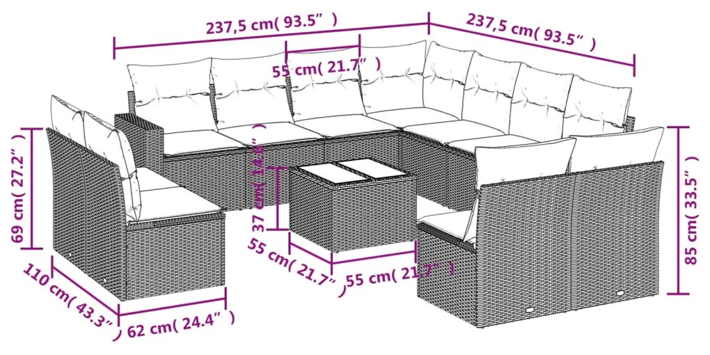 12 pcs conjunto de sofás jardim com almofadões vime PE castanho