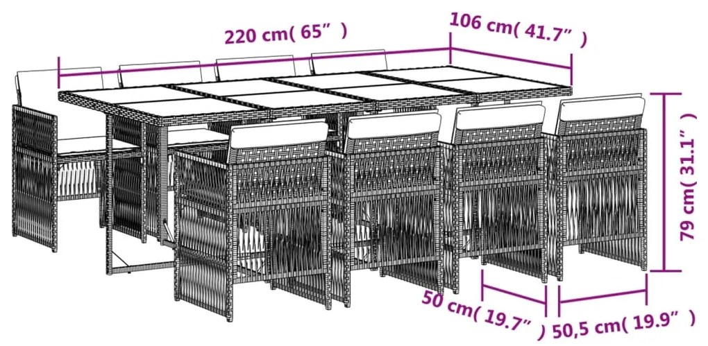 9 pcs conj. jantar jardim c/ almofadões vime PE bege misturado
