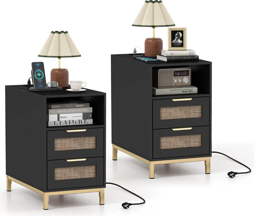 Conjunto de 2 mesas de cabeceira em rattan 60 x 35 x 61 cm com estação de carregamento e 2 gavetas estilo boho com armazenamento aberto preto e dourad