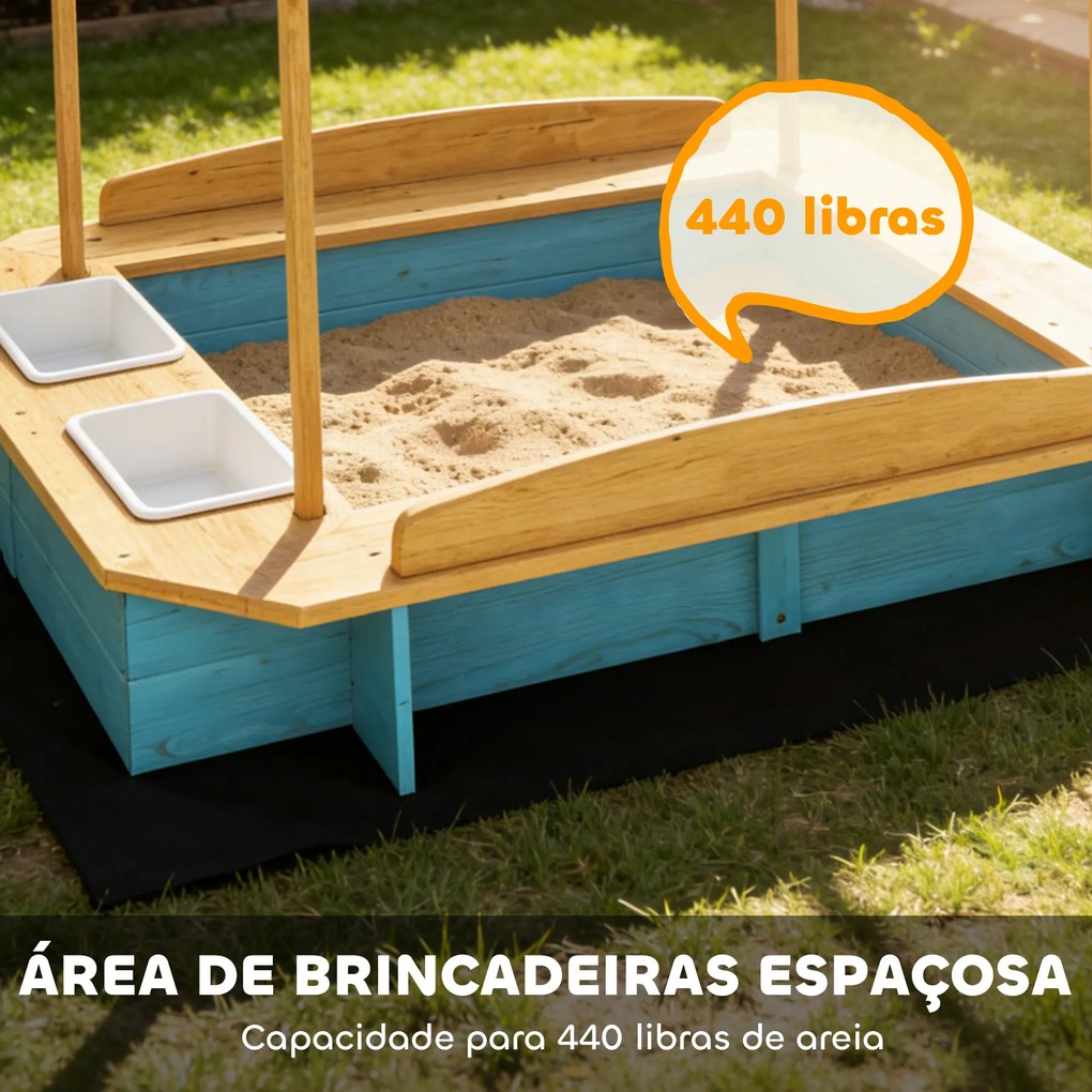 Caixa de Areia Infantil de Madeira com 2 Caixas de PP Caixa de Areia para Crianças de 3-6 Anos 128x118x121 cm Azul e Madeira