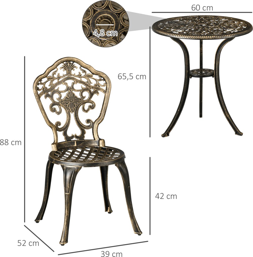 Conjunto de jardim estilo bistrô em alumínio, conjunto de 3 peças: 2 cadeiras + mesa redonda com acabamento em imitação de ferro forjado