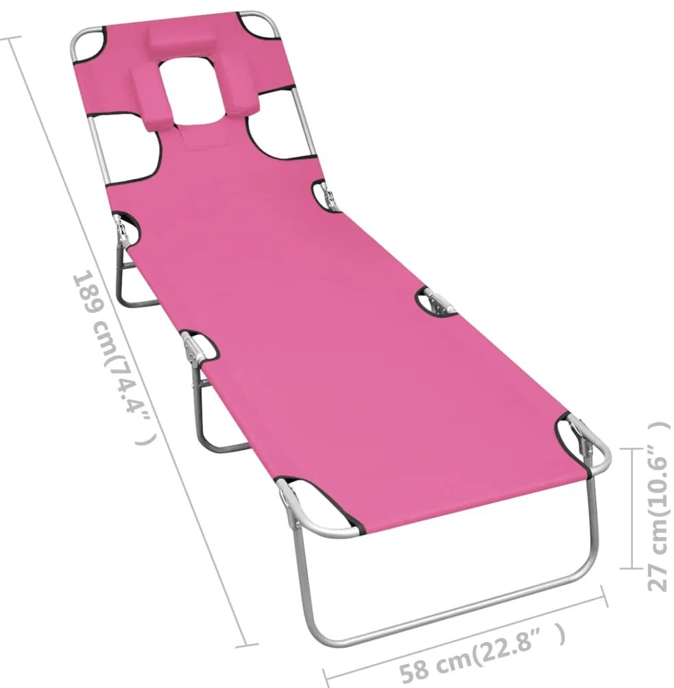 Espreguiçadeira dobrável c/ almofada cabeça aço rosa magenta
