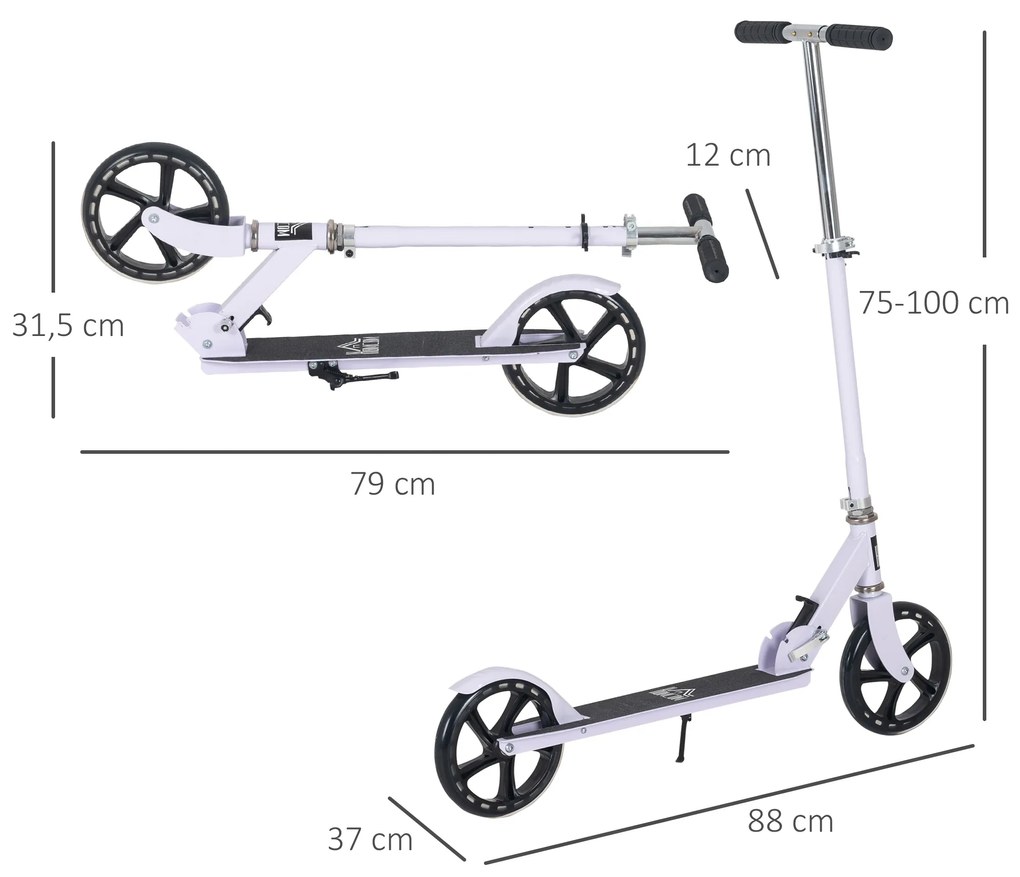 Trotinete dobrável para crianças acima de 5 anos de altura ajustável com freio 88x37x75-100 cm Branco