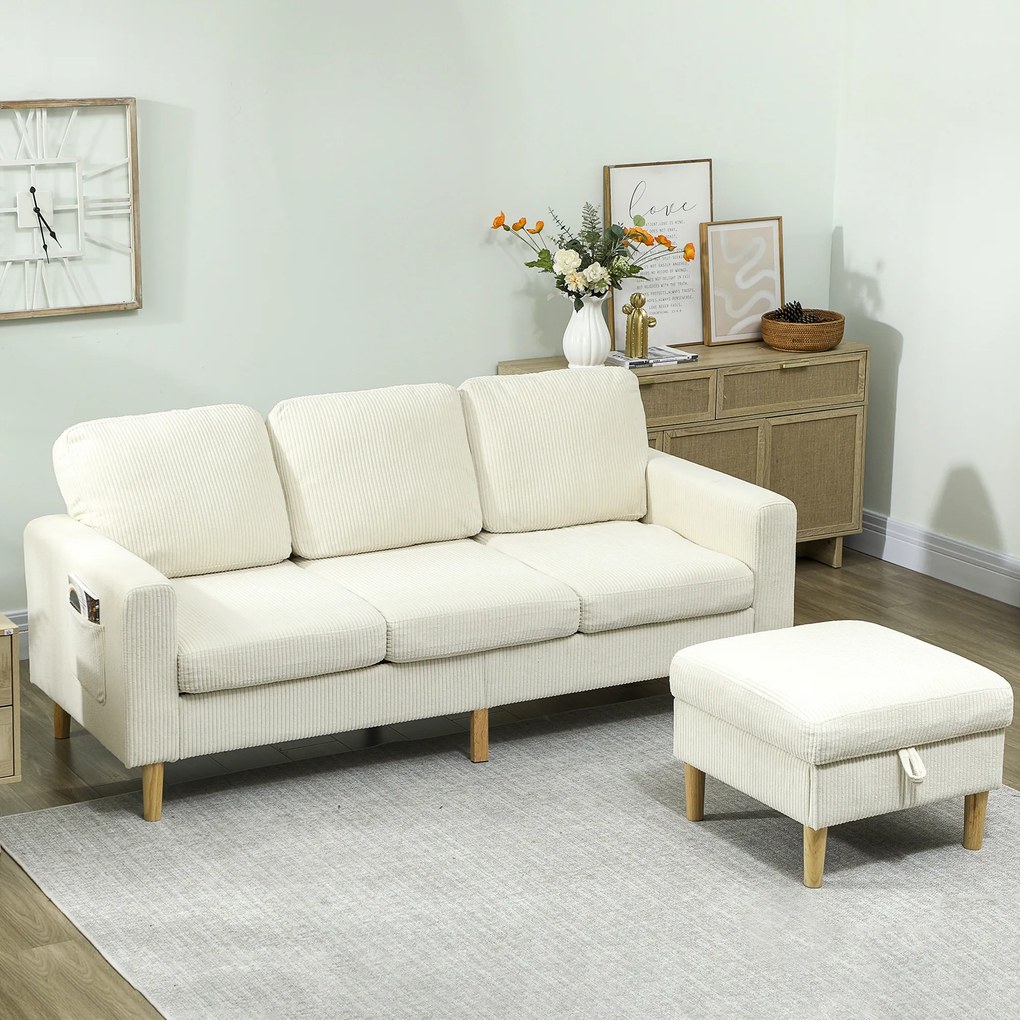 Sofá de 3 lugares 192 x 138 x 85 cm com apoio para os pés, sofá em veludo canelado, assento e encosto almofadados, bege