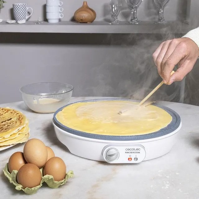 Máquina para crepes Fun Crepestone. 1000 W, Placa com revestimento antiaderente RockStone, Termóstato ajustável, Rolo de espalhamento e Espátula Inclu