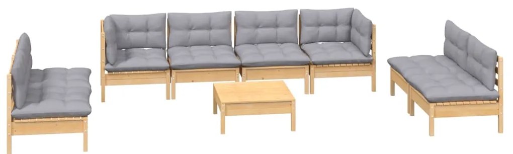 9 pcs conjunto lounge de jardim + almofadões cinza pinho maciço