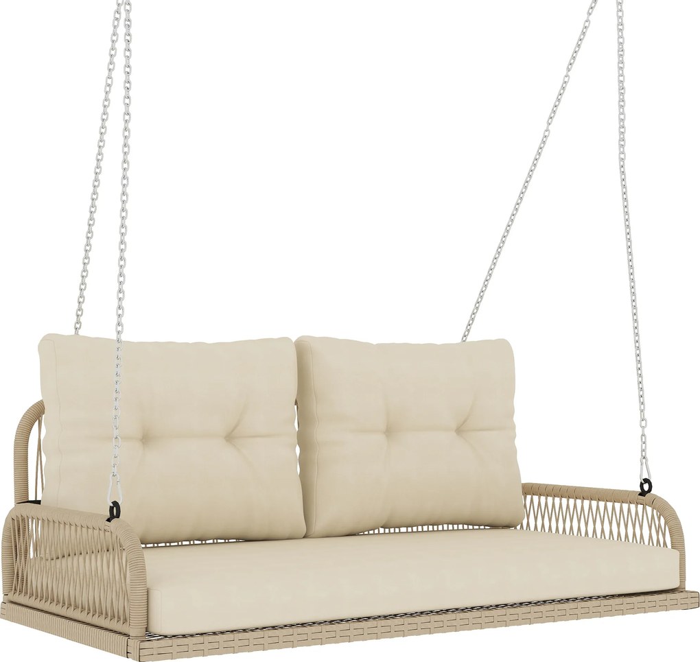 Outsunny Banco Suspenso Exterior 2 Lugares em Resina Trançada com Almofadas e Correntes em Aço, 115x66x44cm, Bege | Aosom Portugal