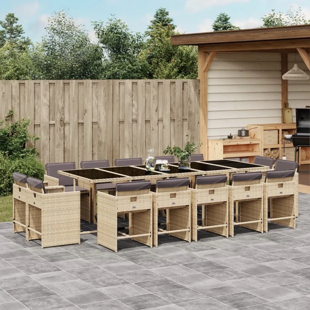 vidaXL 15 pcs conj. jantar jardim c/ almofadões vime PE bege misturado