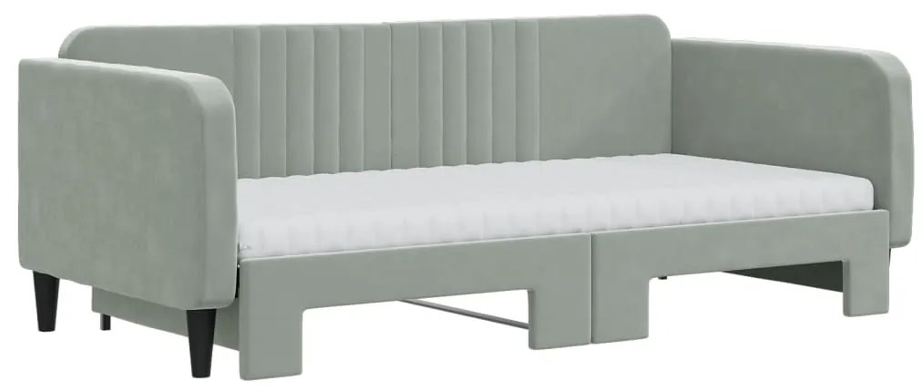 Sofá-cama c/ gavetão e colchões 90x190 cm veludo cinzento-claro