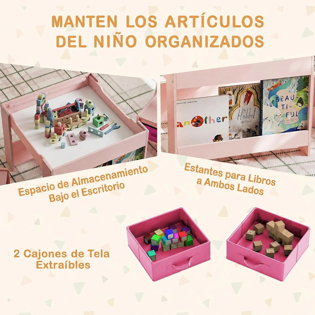 Conjunto de Mesa e 2 Cadeiras Infantis, 61,5 x 61,5 x 48 cm, Quadros de Giz e Branco Reversíveis, Rosa