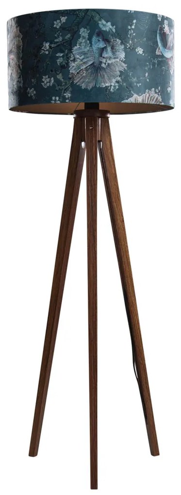 Candeeiro de Pé em Madeira de Nogueira com Abajur de Veludo, Design de Peixe, 50cm - Tripod Classic Clássico / Antigo,Rústico