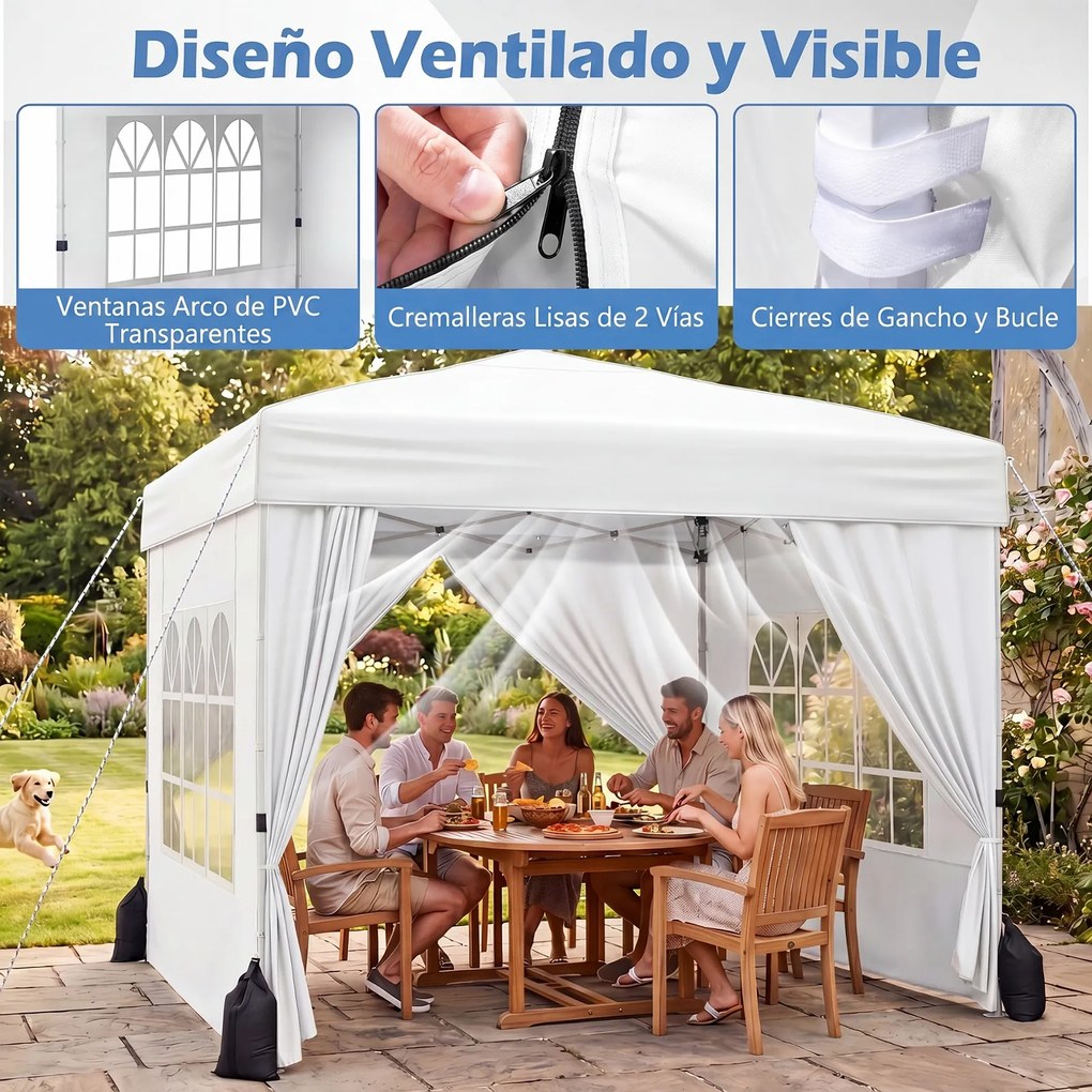 Tenda Dobrável de Exterior feiras, eventos, festas, 300 x 300 x 250-268 cm, 4 Paredes Removíveis e 4 sacos areia, Branco