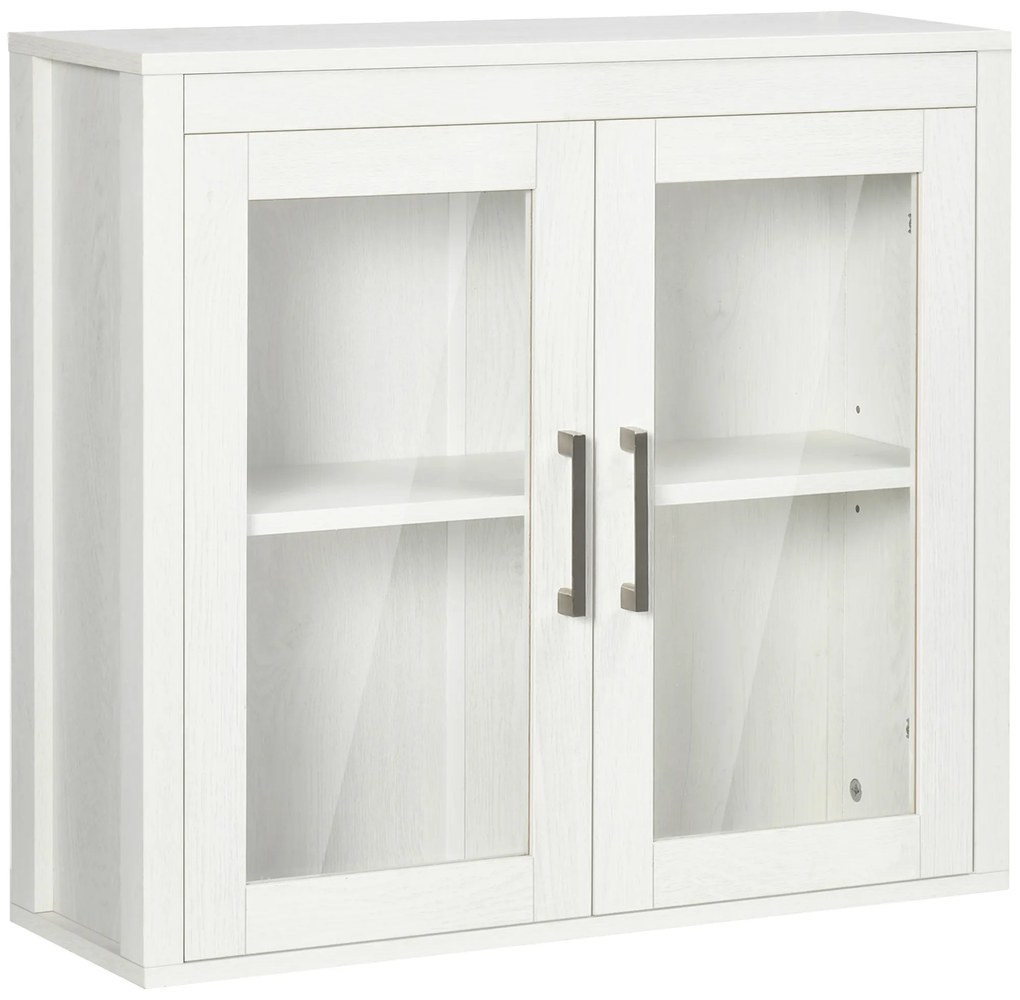 kleankin Armário de Casa de Banho Suspenso com 2 Portas de Vidro e Prateleira Móvel 60x19,5x54cm Branco | Aosom Portugal
