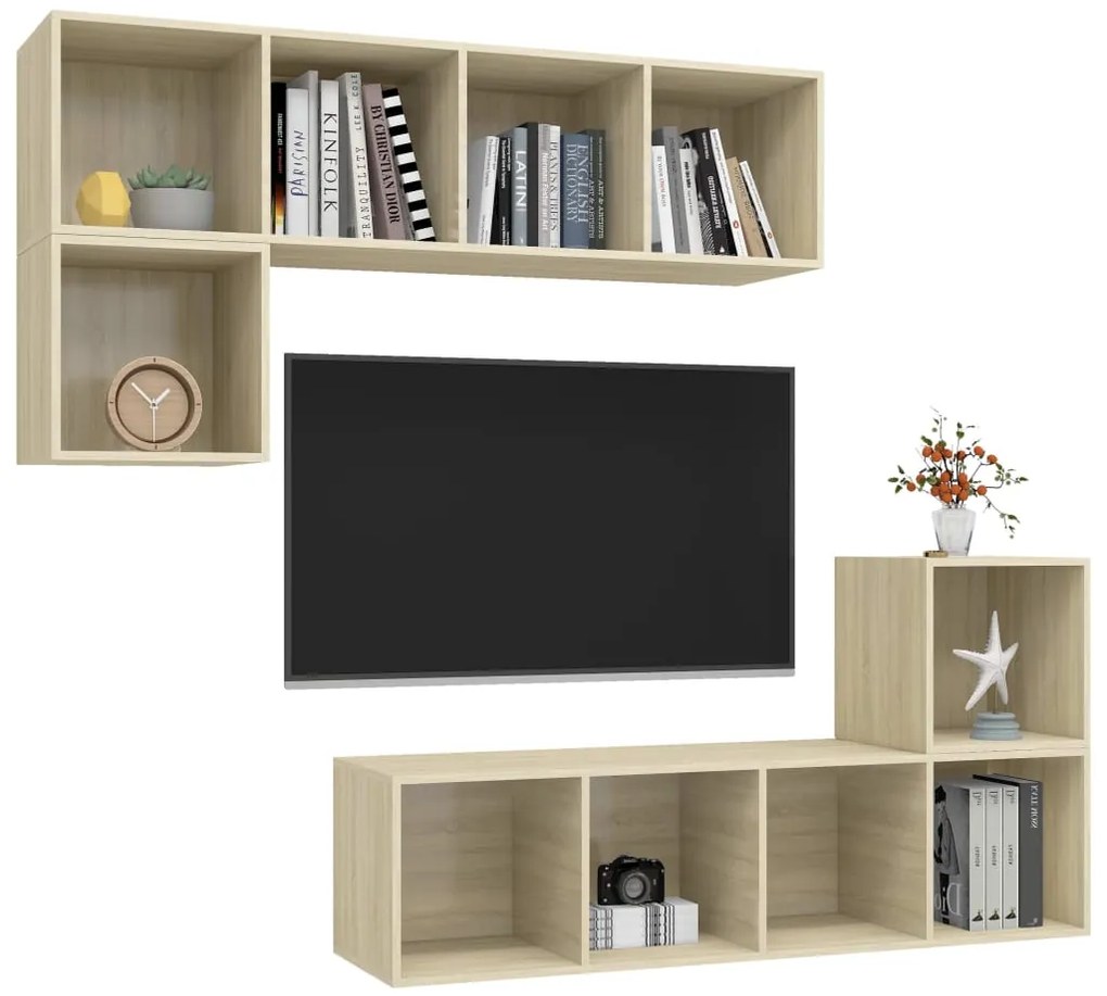 4 pcs conjunto móveis de TV derivados madeira carvalho sonoma