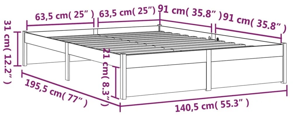 Estrutura de cama casal 135x190 cm madeira maciça cinzento