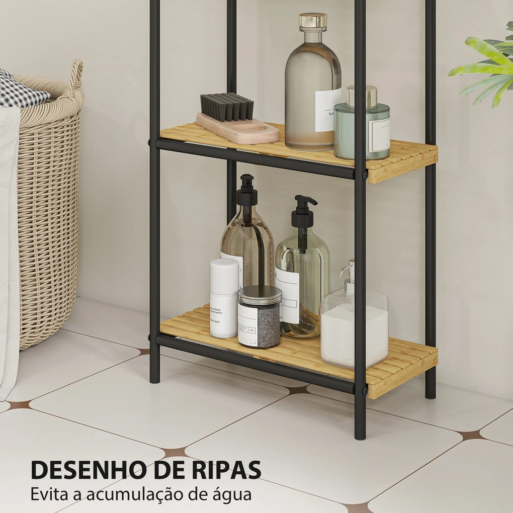 Estante de Casa de Banho de Bambu de 3 Níveis Estante de Armazenamento com 3 Prateleiras Ripas e Estrutura de Aço 41,5x21,5x106 cm Madeira e Preto