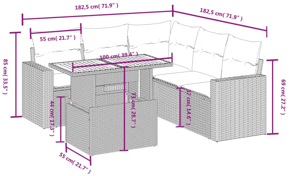 6 pcs conjunto sofás de jardim com almofadões vime cinzento