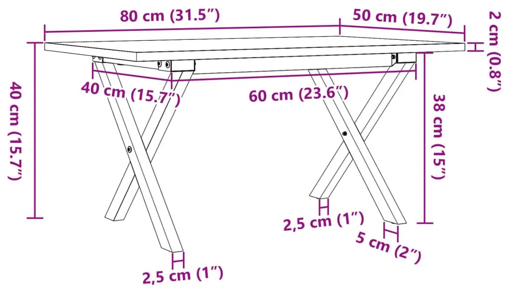 Mesa de centro estrutura em X 80x50x40 cm pinho e ferro fundido