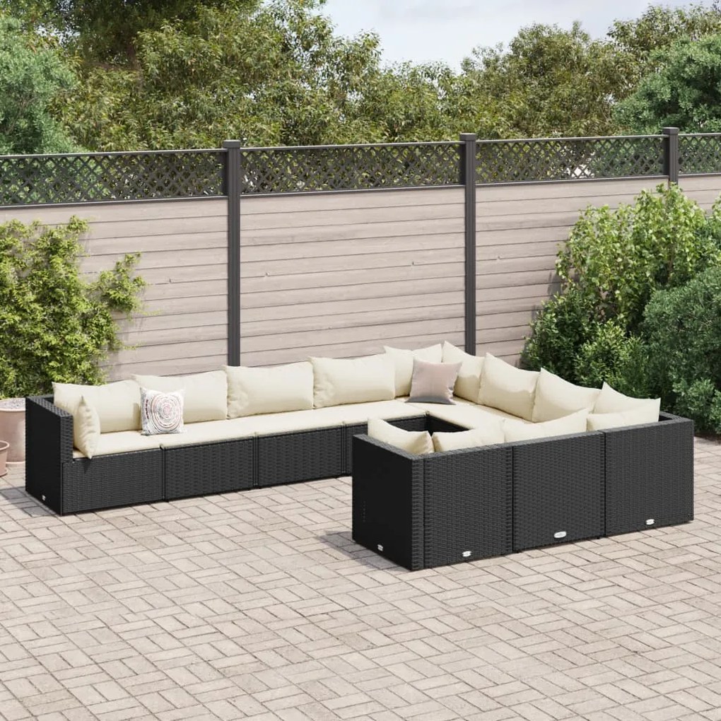 vidaXL 10 pcs conjunto sofás de jardim c/ almofadões vime PE preto
