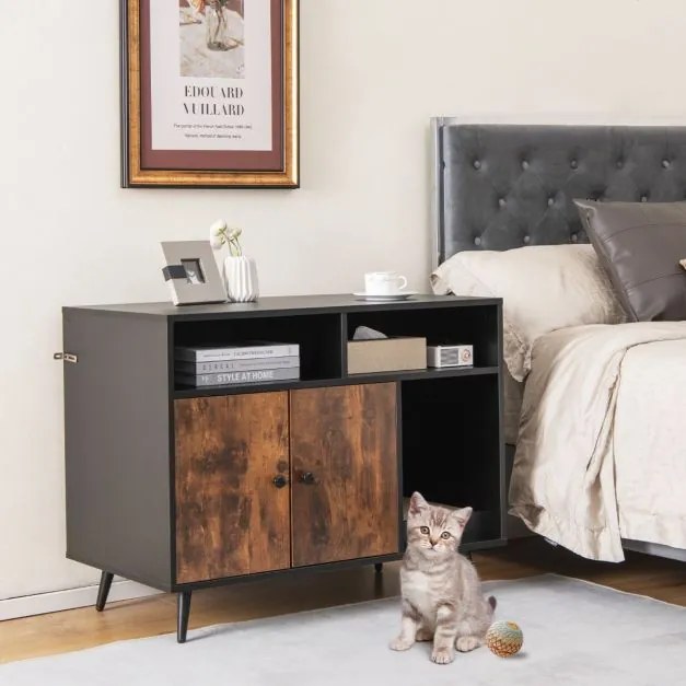 Caixa areia para gatos com tábua de arranhar e 2 Estantes 90 x 50 x 70 cm Preto e castanho