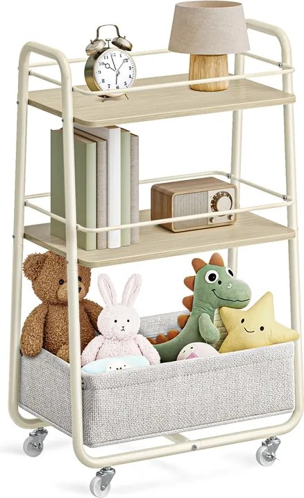 Carrinho cozinha com cesto de tecido 43 x 30 x 81 cm bege natural-branco creme