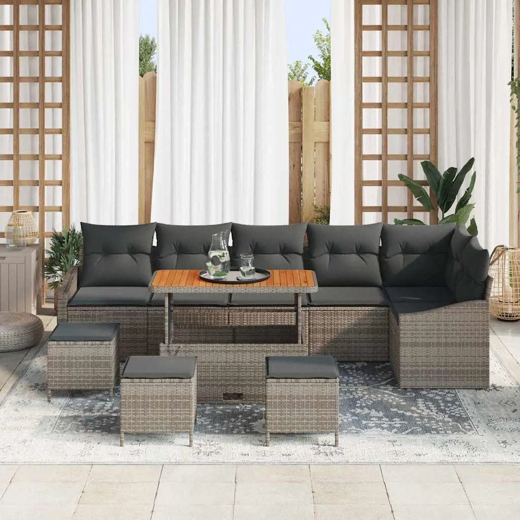 Conjunto de Sofá de Jardim com 10 peças e almofadas cinza em rattan de