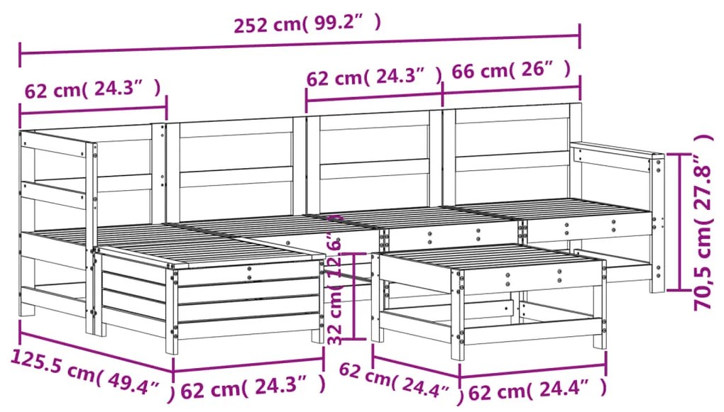 6 pcs conjunto sofás de jardim madeira de pinho maciça