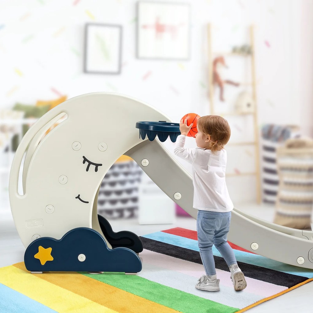 Escorrega para crianças em forma de lua dobrável com escadas e cesto de basquetebol Estável e seguro 180 x 43 x 83 cm Branco e Azul