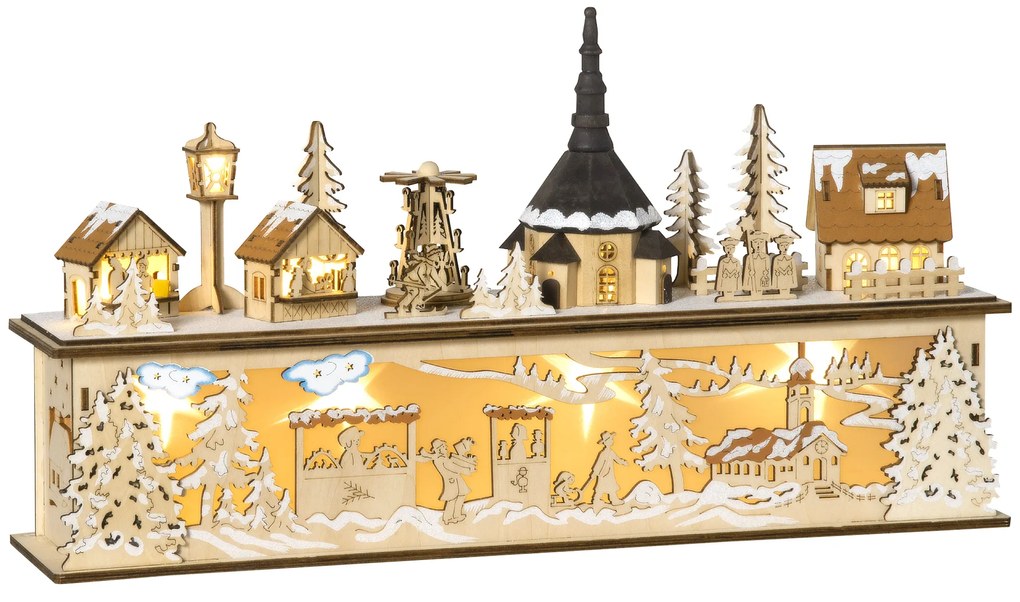 Casa de Vila de Natal com 10 Luzes Cena Natalícia Iluminada Decoração de Natal para Escritório Mesa Lareiras 45x10x25cm Madeira