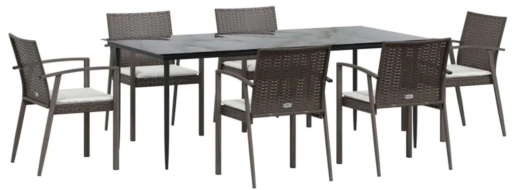 7 pcs conjunto de jantar p/ jardim c/ almofadões vime PE e aço