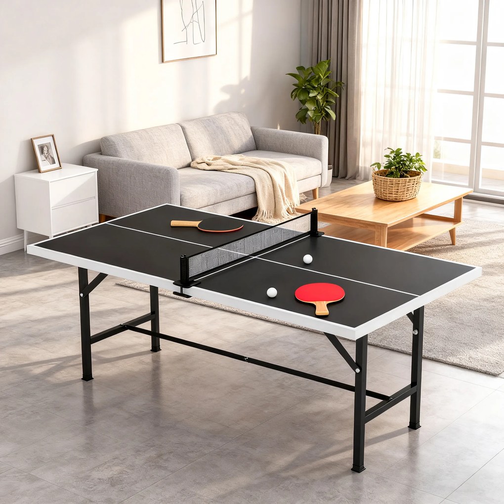 Mini Mesa de Ping Pong Dobrável 152x76 cm para Exterior com Rede 2 Raquetes e 3 Bolas Fácil de Transportar Preto