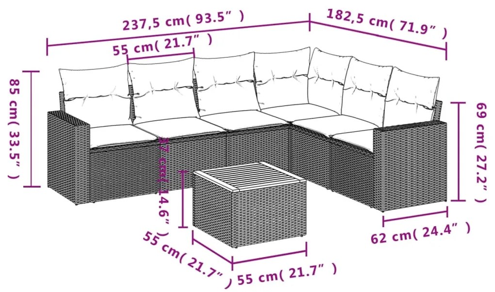 7 pcs conjunto de sofás p/ jardim c/ almofadões vime PE preto