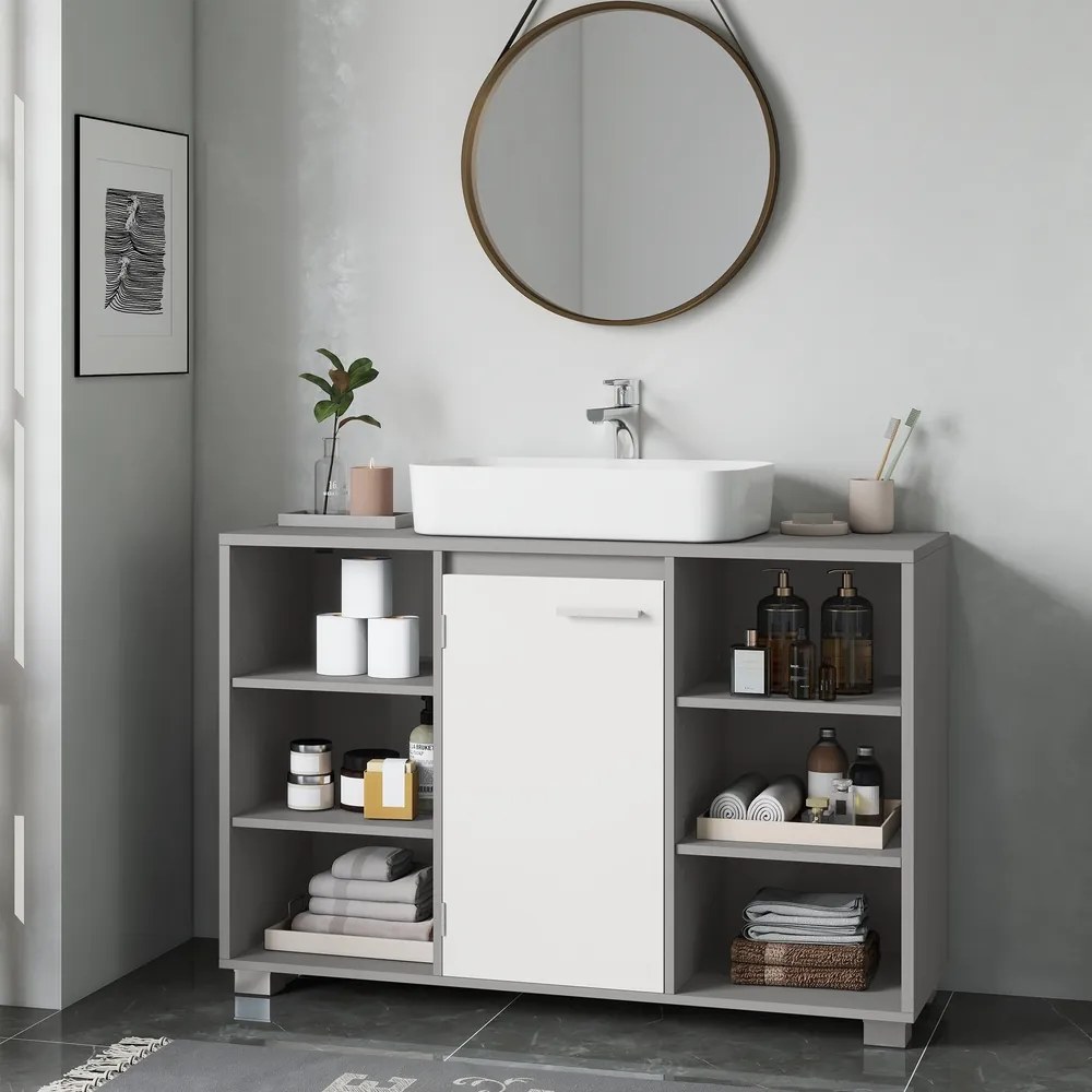 Armário de casa de banho 30 x 90 x 60 cm para lavatório (NÃO INCLUIDO), com prateleiras ajustáveis e pés cinzento-branco