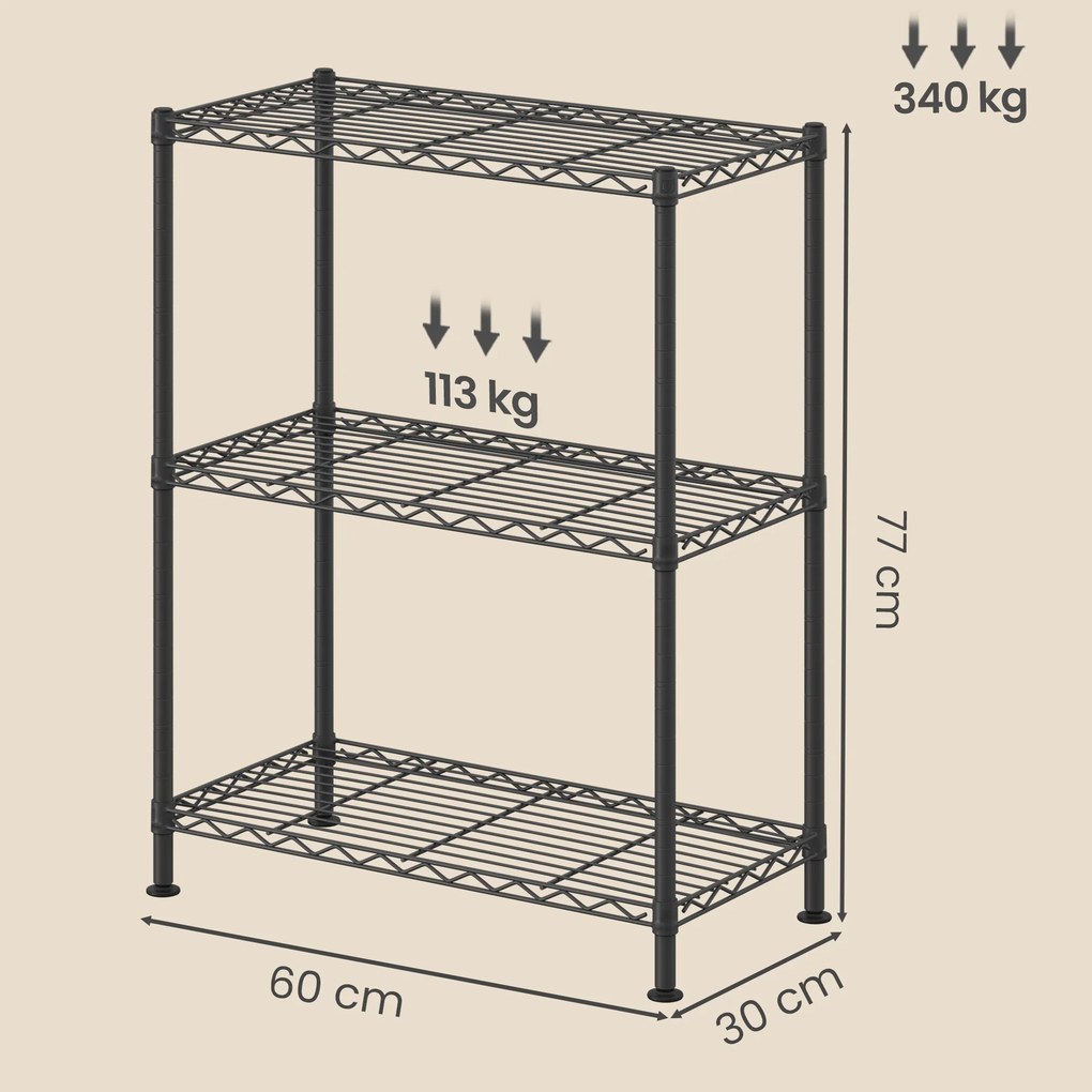 Estante de metal e plastico 30 x 60 x 77 cm, prateleiras ajustáveis, estante de arrumação com 3 níveis para garagem preto