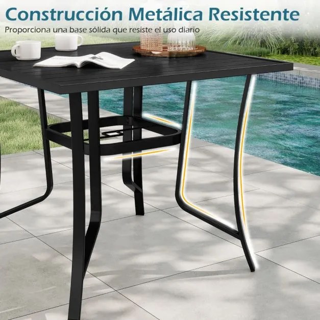Mesa quadrada de jardim para 4 pessoas com orifício para guarda-sol 91 x 91 x 73 cm, estrutura ajustável em metal, tampo em ripas, ideal para varandas